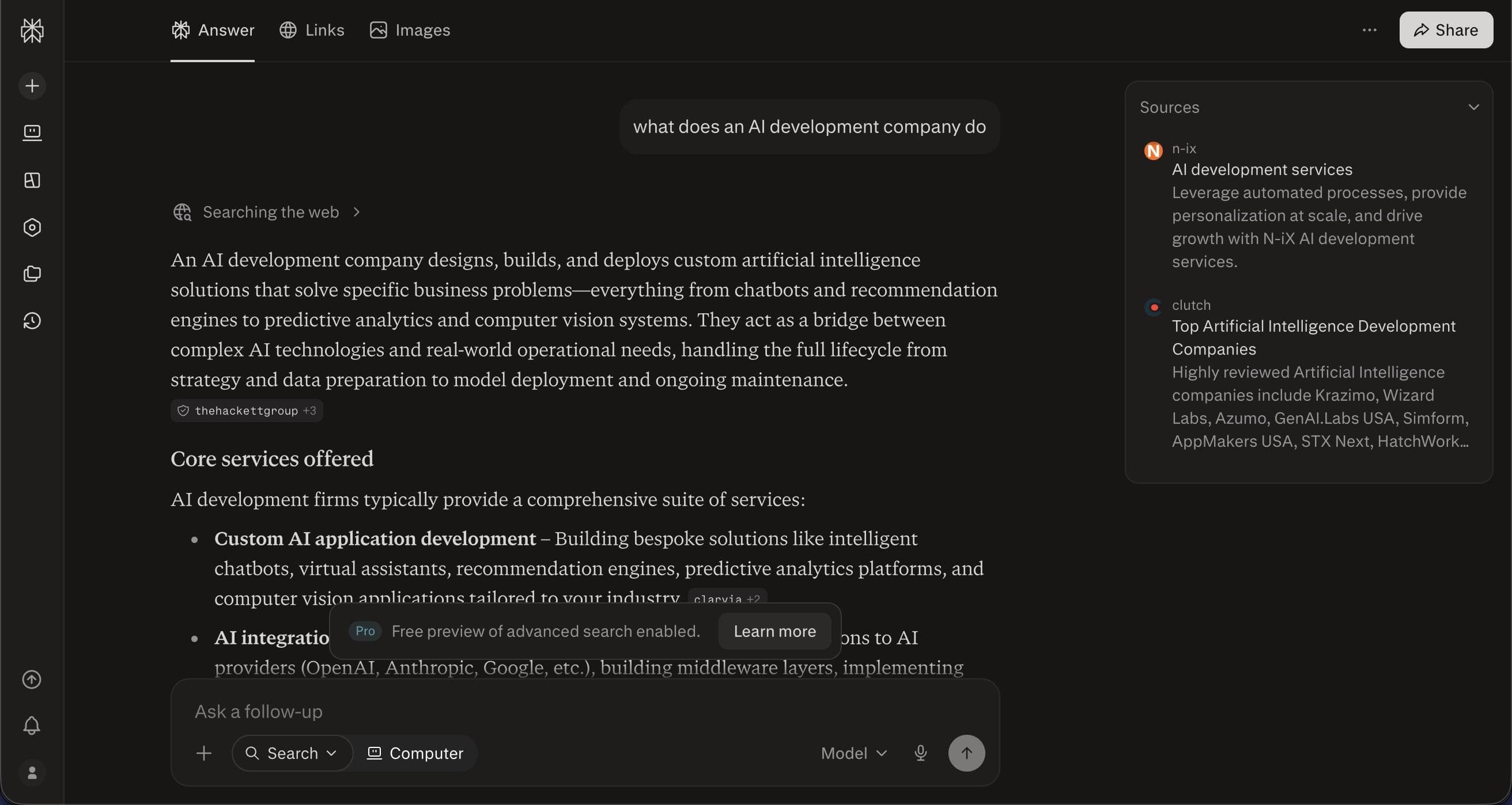 A Perplexity answer to the question 'what does an AI development company do', with a Sources panel on the right naming third-party sites including N-iX, Clutch and The Hackett Group.