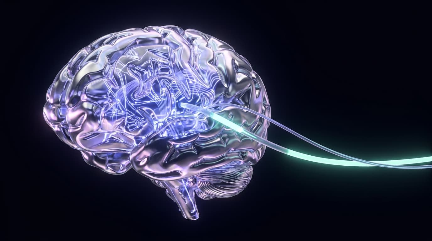 Chrome and glass AI brain sending a signal along a fiber-optic trace, symbolizing an autonomous marketing agent