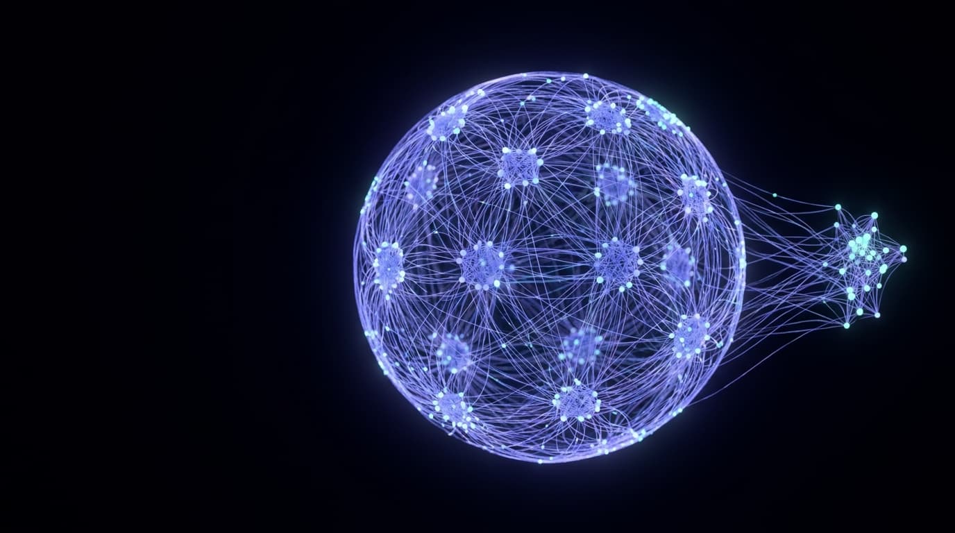 Glowing network sphere of nine AI agent clusters handing off connections on a dark background