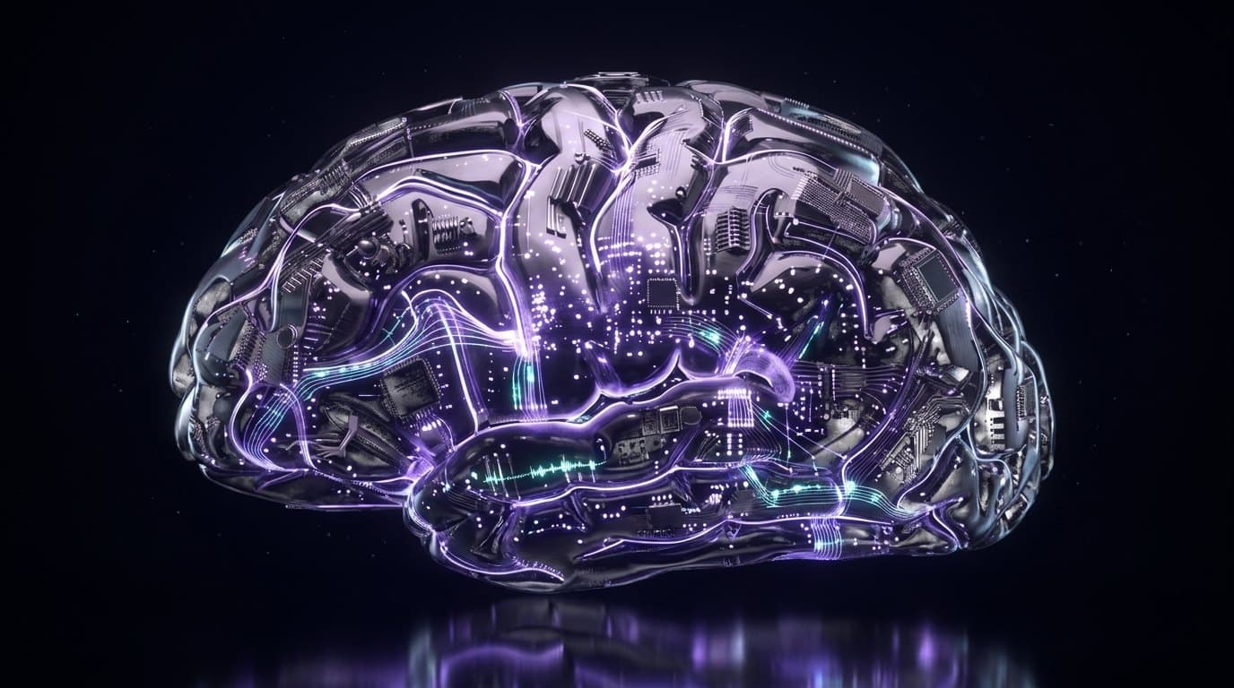 A chrome-and-glass AI brain threaded with glowing violet circuitry, hovering on a near-black background