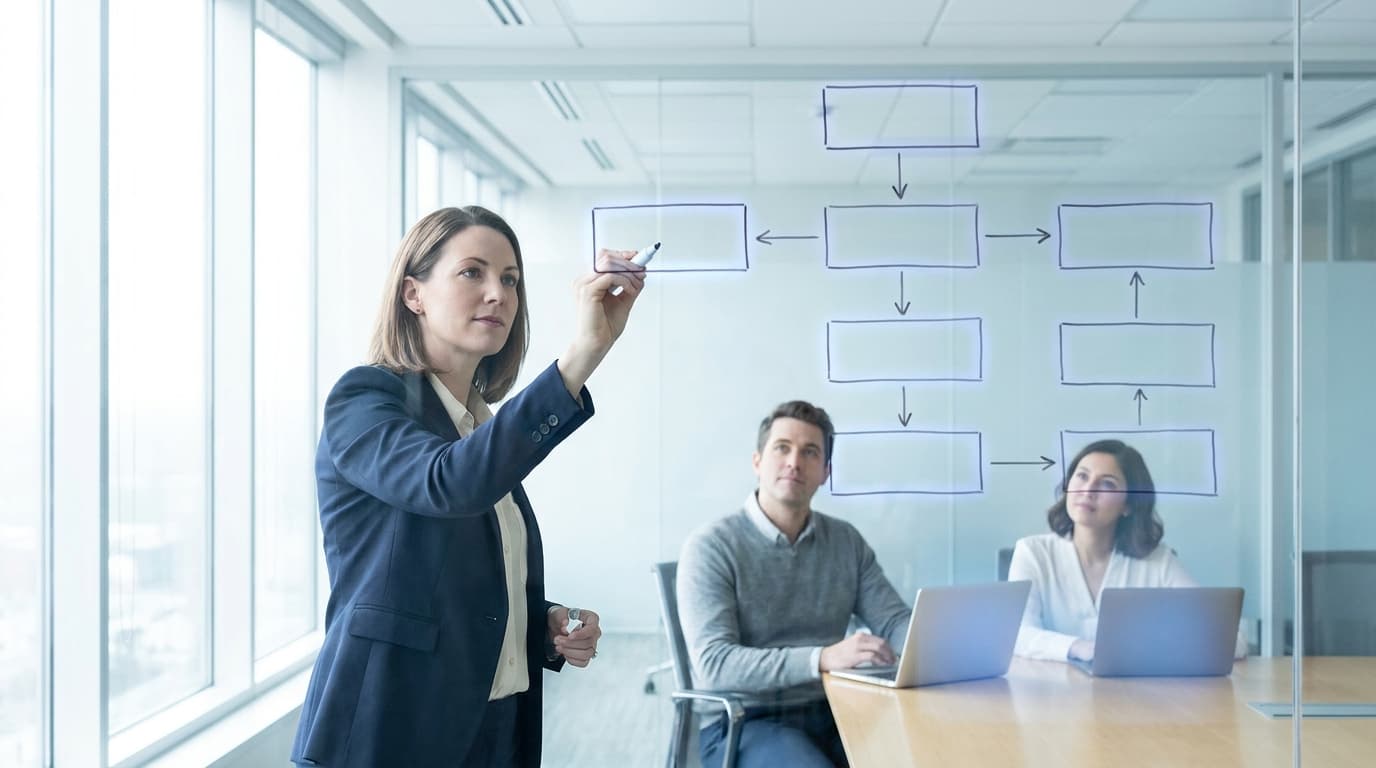 Strategist sketching a flowchart on a glass wall while two colleagues follow along