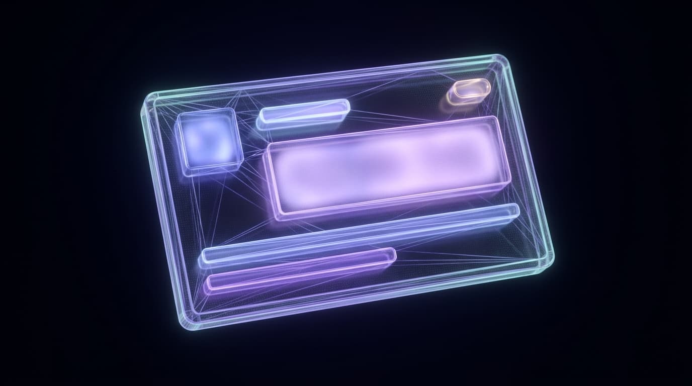 Wordless glass mock of a ChatGPT ad card: glowing zones for a logo, business name, image, headline and description, with a small warm pill tag where the sponsored label sits
