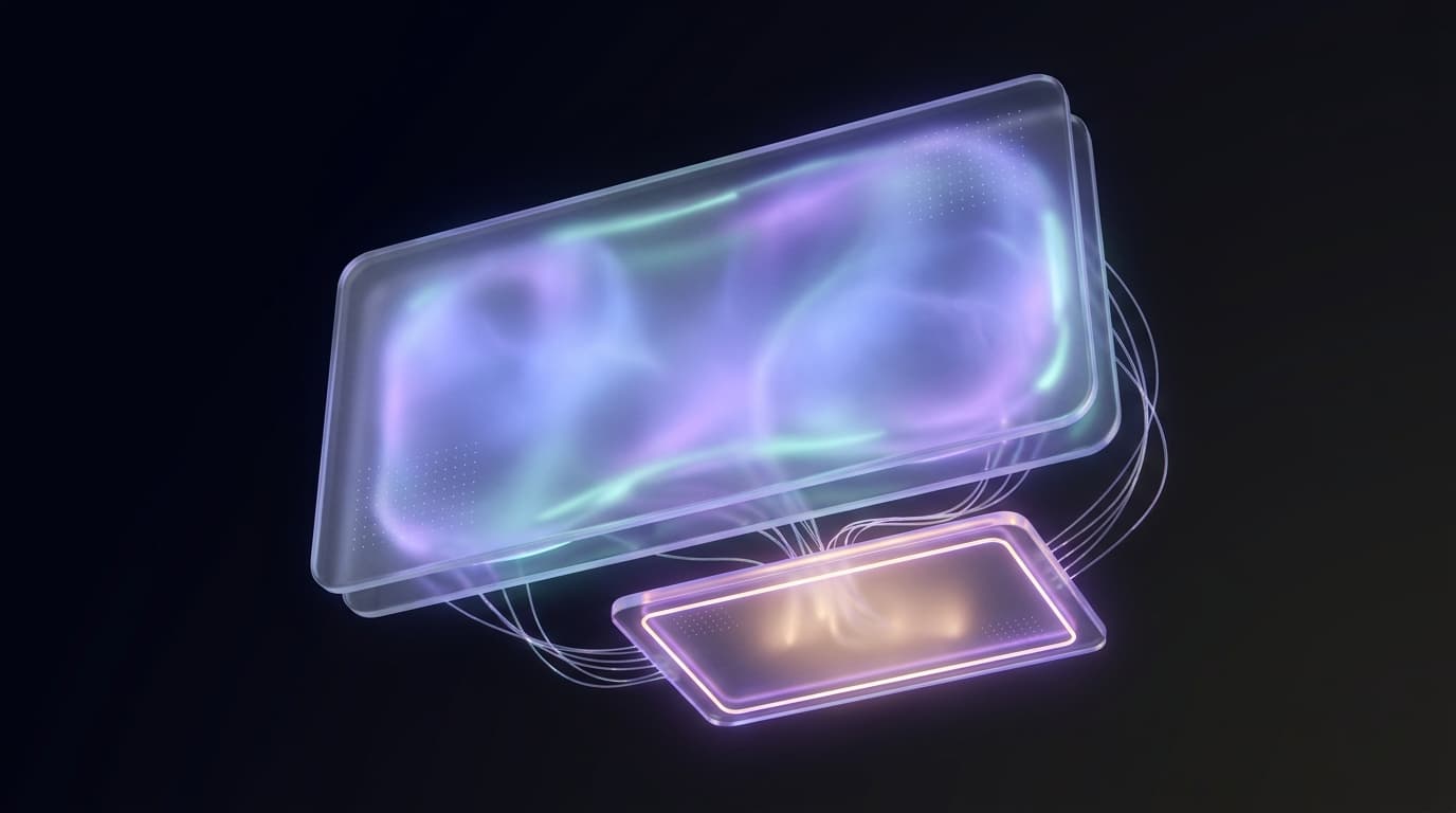 A glowing sponsored ad card floating beneath a ChatGPT-style glass chat panel, threaded with violet circuit lines
