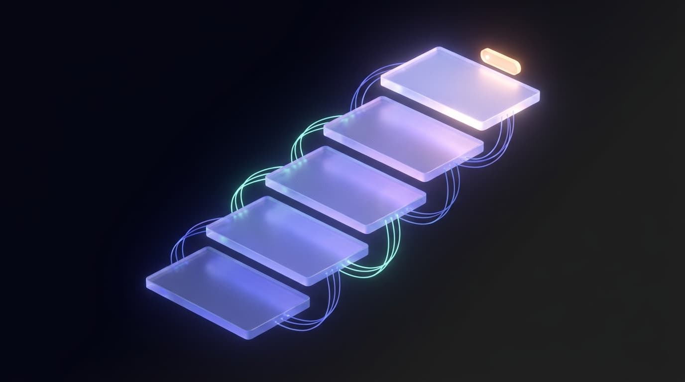 Five glowing glass steps rising toward a brighter sponsored ad card, rendered in violet light on a near-black field