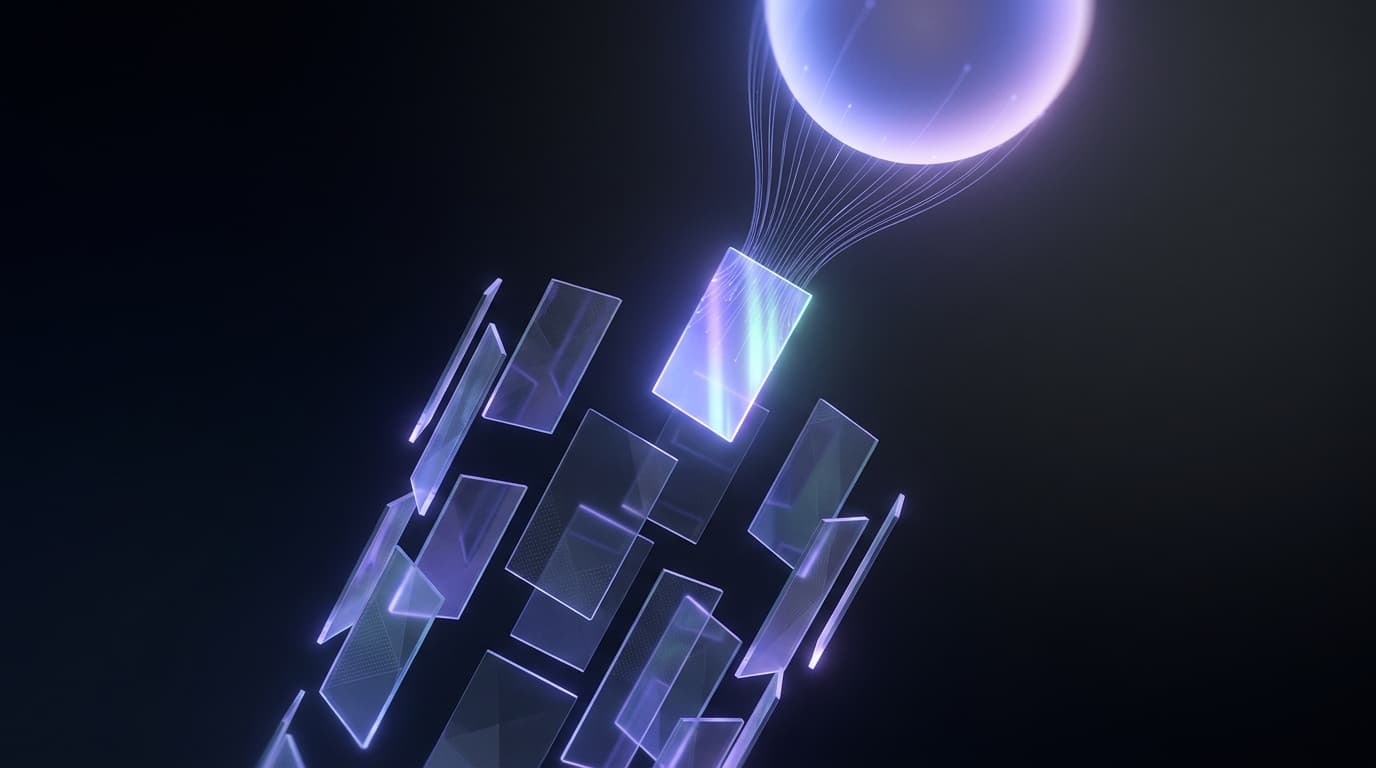 One glass panel escaping a drifting stack, pulled by fibre-optic threads into a luminous answer sphere above it