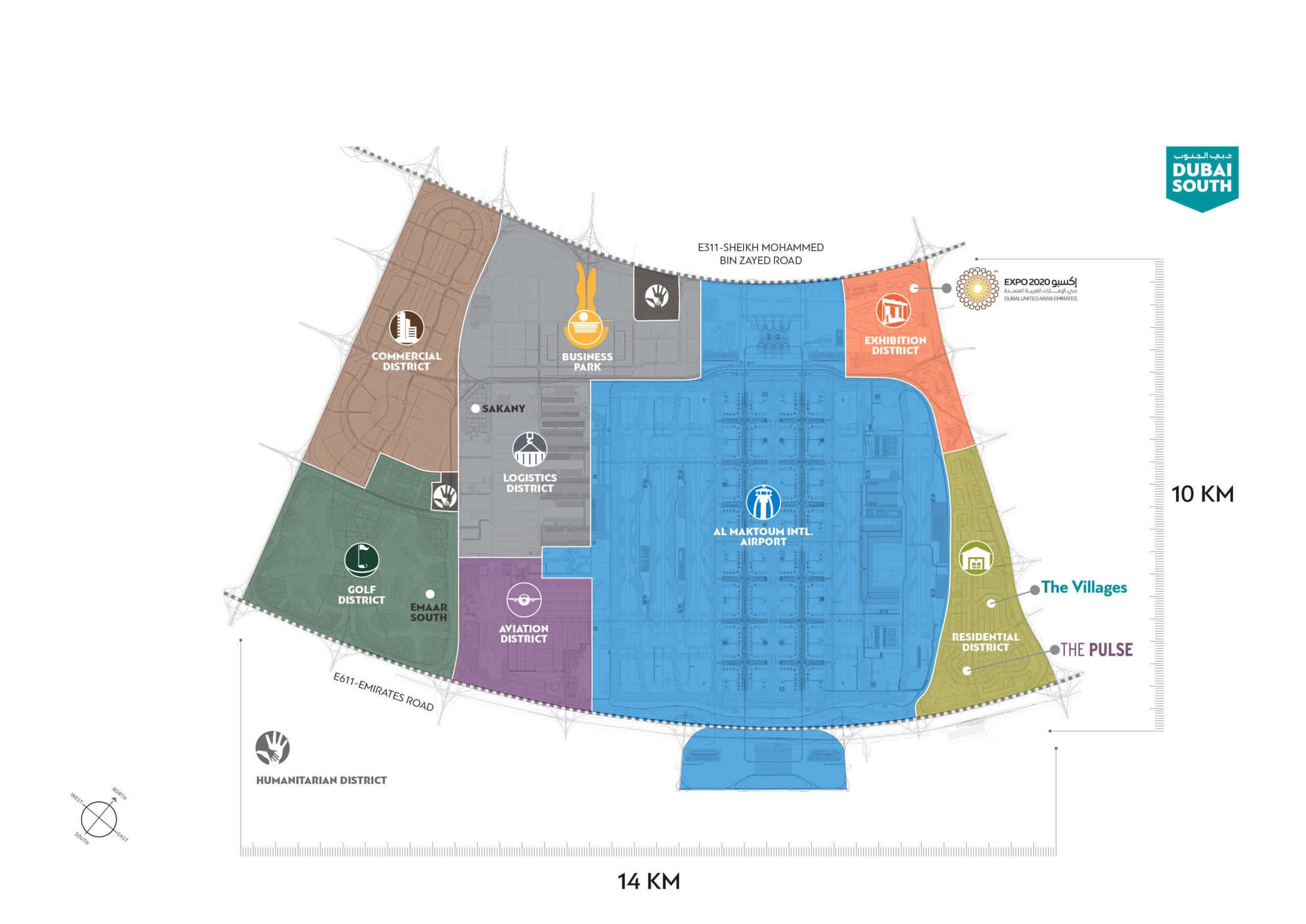 Dubai South master plan, showing its logistics, aviation, business, commercial, exhibition and residential districts around Al Maktoum Airport